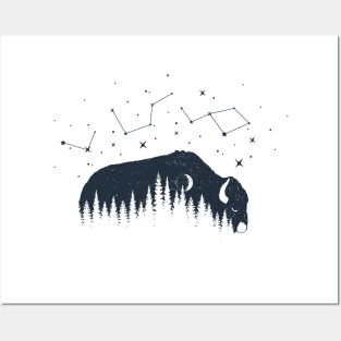 Inspirational Illustration With Buffalo, Moon, Stars And Forest In Double Exposure Style Posters and Art